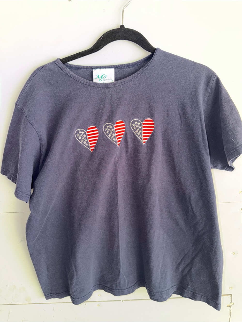 VTG 90’s M&C Sportswear Women's Navy Blue Embroidered Patriotic Hearts SZ XL